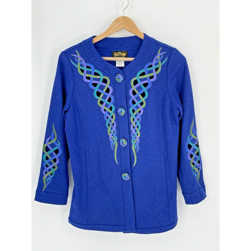 Bob Mackie Wearable Art Women Med Wool Blend Jacket Blue 3/4 Sleeve Embroidered